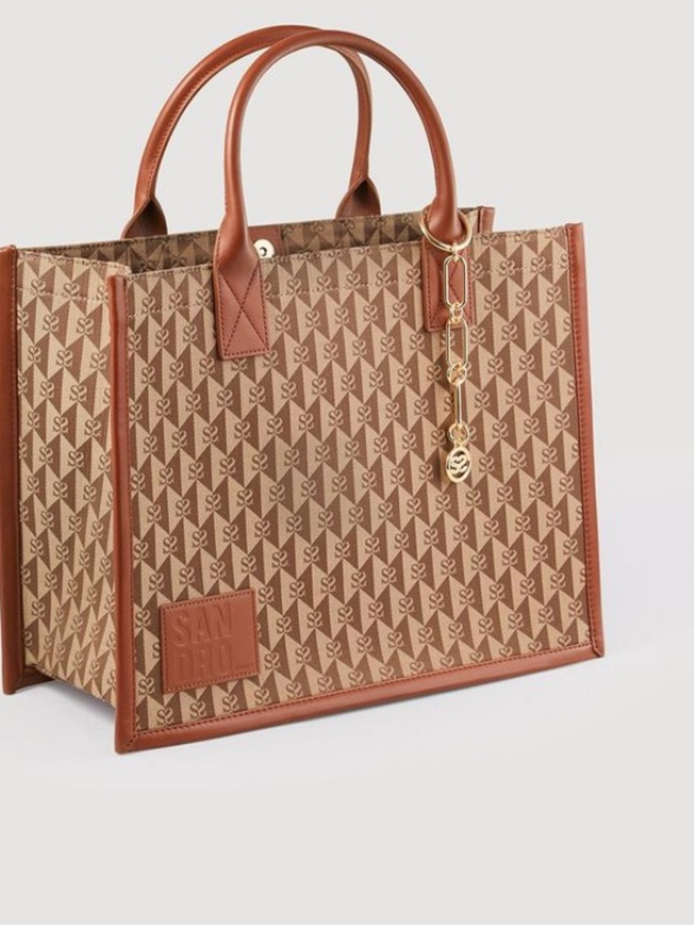 SANDRO Brown Monogram Tote Bag with Leather Trim